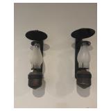 Two unusual antique wall mounted iron oil lamps