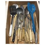 Box of Assorted kitchen tools, ladles, spatulas,
