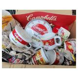 Box full of Campbell's soup merchandise mixed