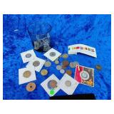 Glass with foreign coins and miscellaneous