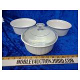 3x white bowls 1 lid