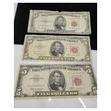 1963 Red seal 5 dollar bills