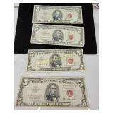 1963 Red seal 5 dollar bills