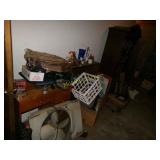 WALL OF MISC ITEMS AND WOODEN CABINET