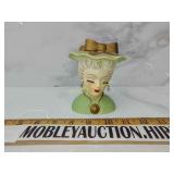 Mid century head vase with green hat
