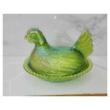 Hen on Nest iridescent lime Indiana glass company