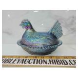 Hen on Nest Carnival Glass manganese glows green