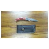 Damascus Folding Knife w/ Leather Sheath
