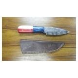 Damascus Fixed Blade Knife Red White Blue