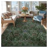 Floral Dark Green Area Rug 5x7, Vintage Washable R