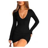 Navneet Women Long Sleeve Mini Dress Plunge V Neck