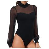 Womens Bodysuit Mock Neck Sheer Mesh Long Sleeve T