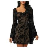 WDIRARA Women's Floral Print Mesh Gothic Dress Squ
