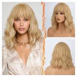 BARSDAR Short Wavy Blonde Wig With Bangs - 14 Inch