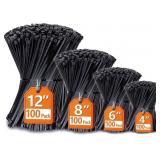 Zip Ties (4'+6'+8'+12'), 400 Pack, Black Cable Tie