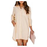 Womens Button Down Shirt Dresses with Pockets Cott