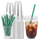 Qinsihwn 25 Set 16oz Plastic Cups with Flat Lids a