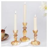 Glass Candlestick Holders Set of 3, Amber Stripe T