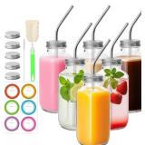 16 oz Glass Juice Bottles with Lids and Straws - 6