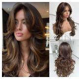 Highlight Dark Brown Mix Honey Blonde Long Layered
