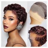 Dark Auburn Burgundy Curly Pixie Cut Lace Front Wi