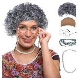 Old Lady Fancy Dress Costume Set, Grey Wig for Gra