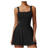 Womens Square Neck Tennis Dress Pleated Sleeveless