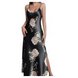 Womens Satin Long Nightgown Sexy Side Split Silk F