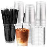 100Pcs 16oz Clear Plastic Cups with Lid & Straw, D