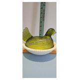 vintage green glass hen on a white nest Indiana