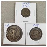 1943 Silver Half Dollar, 1945 Quarter,1945 Nickel