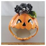 Blue Sky Pumpkin w/ Spider Candy Dish 8 & 1/2"H