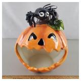 Blue Sky Pumpkin w/ Spider Candy Dish 8 & 1/2" H