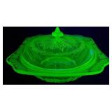 Depression Green Glass Covered Bowl Uranium