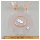 Pink Depression Glass Plate, Sugar, Creamer