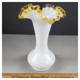 Fenton Glass Vase Yellow Crest 8 & 1/4" H