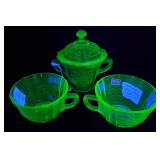 Green Depression Cups Sugar Bowl Uranium Glass