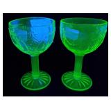 Green Depression Glass Goblets Cameo Uranium 4"