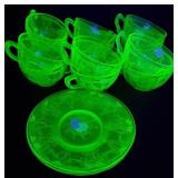 Green Depression Glass Cups & Saucers Uranium