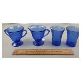 Blue Carnival Glass Sugar, Creamer, Cups