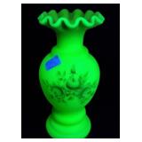 Fenton Glass Burmese Vase HP Signed Uranium