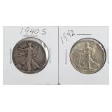 1940 S & 1942 Walking Liberty Silver Half Dollars