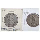 1934 & 1936 Walking Liberty Silver Half Dollars