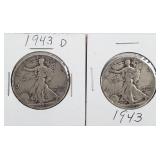 1943 & 1943 D Walking Liberty Silver Half Dollars
