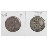 1942 & 1942 S Walking Liberty Silver Half Dollars