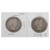 1900 & 1908 O Barber Silver Half Dollars