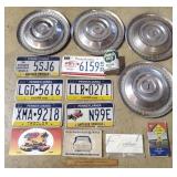 Vintage Hub Caps, License Plates, Oil Can +