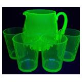 Green Depression Uranium Glass Pitcher, 4 Glasses