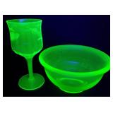 Green Uranium Glass Mixing Bowl & Glass