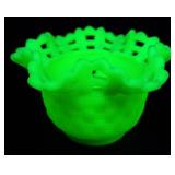 Fenton Uranium Glass Lattice Bowl 3 & 1/4' H